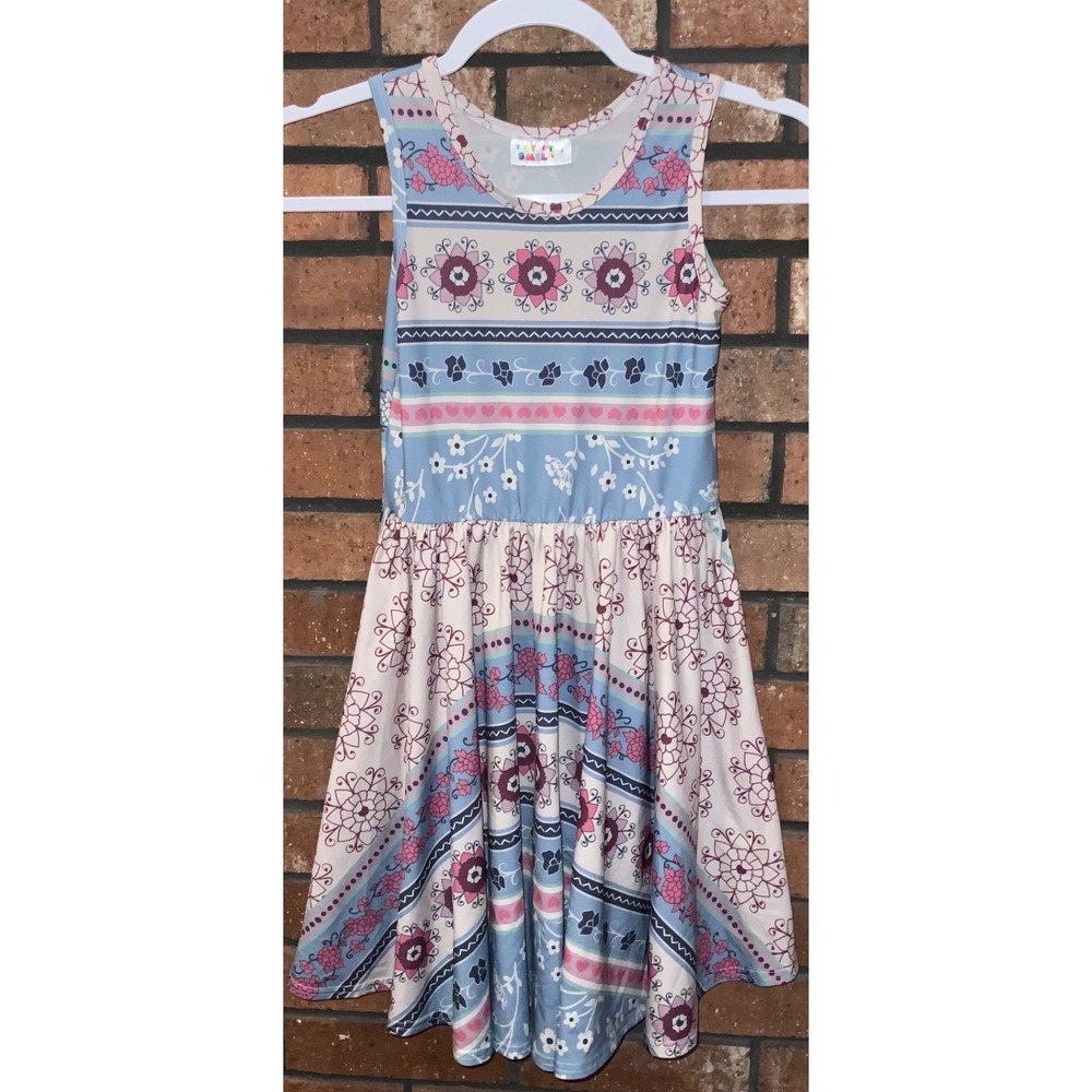 Dot Dot Smile Girls Blue Pink Floral Heart Geometric Fit Flare Dress Size 7